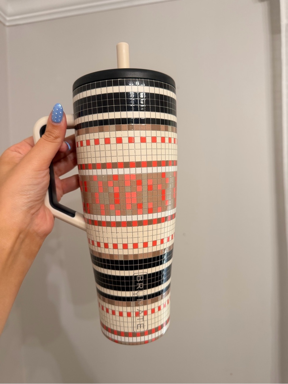 Ceramic Mosaic Travel Mug with Handle in Cream, Black & Red